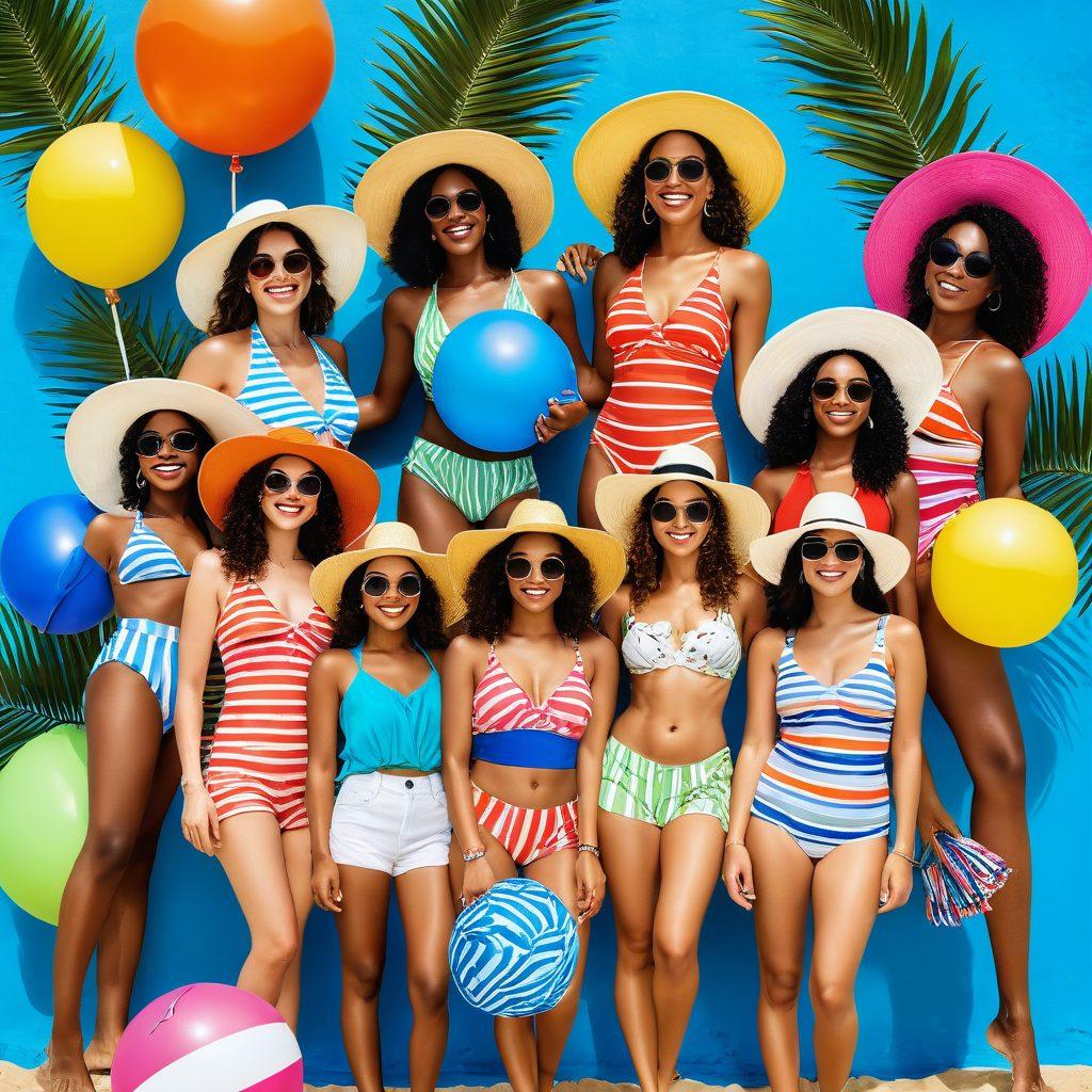 A vibrant beach scene featuring diverse women of different sizes and ethnicities modeling trendy swimwear and chic resort wear. Include sun hats, sunglasses, and tropical accessories, with a bright sunny backdrop of palm trees and clear blue water. Add playful elements like beach balls and umbrellas to enhance the summer vibe. Illustrate the clothing's textures and colors vividly to emphasize the fashionable details. super-realistic. vibrant colors. summer aesthetic.