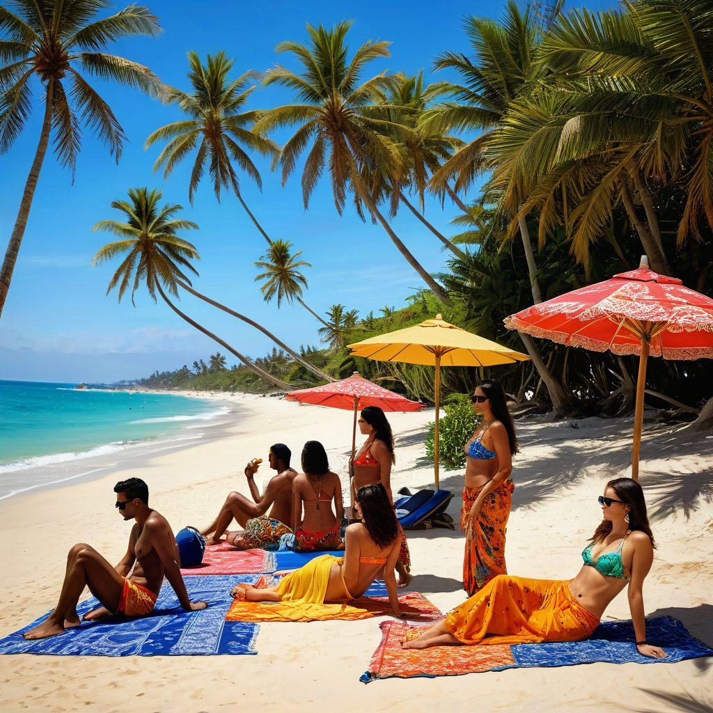 A lively beach scene showcasing diverse individuals wearing vibrant Desi swimwear and stylish beach attire, with colorful sarongs, floral prints, and intricate patterns. Include beach accessories like sun hats and sunglasses, alongside a backdrop of palm trees and sandy shores. The mood should be festive and inviting, capturing the essence of beach culture in South Asia. super-realistic. vibrant colors. sunny atmosphere.
